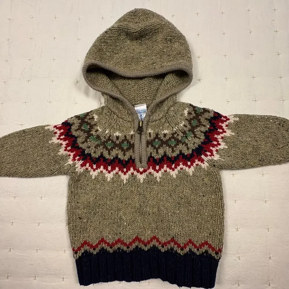 Old Navy Vintage Y2K Fair Isle Hooded Quarter Zip Sweater 12-18M Multicolor